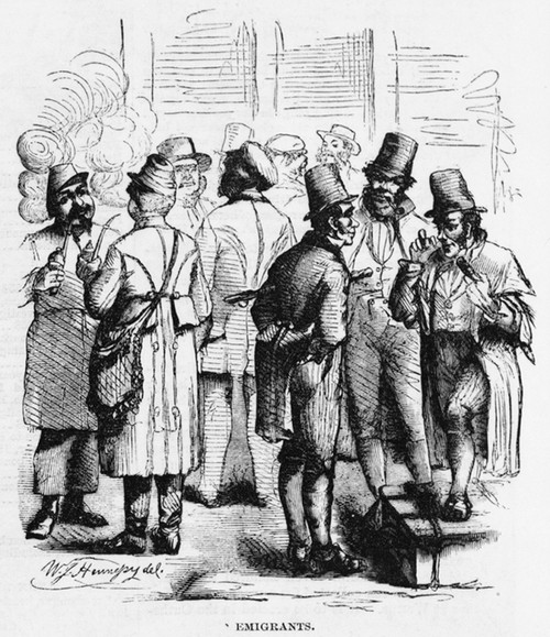 European Immigrants Arriving At New York City'S Castle Garden In 1858. German Immigrants Smoke Their Distinctively Shaped Pipe And Irish Immigrants Wear Their High Hats And Knee Britches. History - Item # VAREVCHISL016EC236