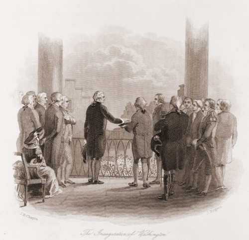 The Inauguration Of Washington. Swearing In Ceremony At New York'S Federal Hall April 30 1789. 1860 Engraving By John Rogers. History - Item # VAREVCHISL031EC020