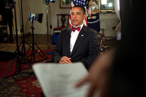 President Barack Obama Wearing A Bow Tie In Honor Of Retiring Supreme Court Justice John Paul Stevens Tapes A Message For Him In The Map Room Of The White House May 14 2010. History - Item # VAREVCHISL025EC188