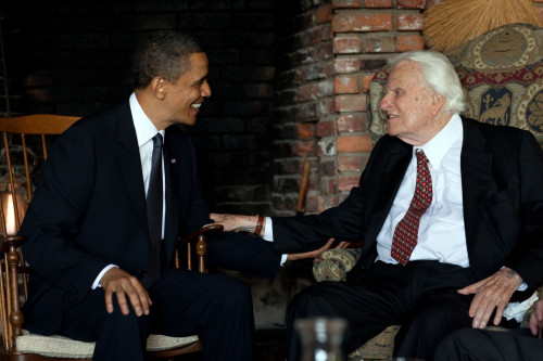 President Barack Obama Meets With Rev. Billy Graham At His House In Montreat N.C. April 25 2010. History - Item # VAREVCHISL025EC210