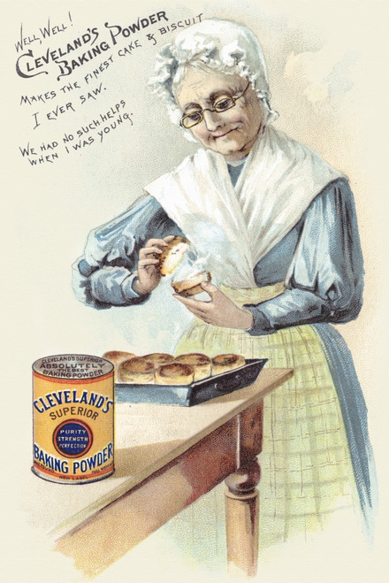 Victorian trade card for Cleveland's Baking Powder.  "Well well, Cleveland's Baking Powder makes the finest cake & biscuit I ever saw.  We had no such help when I was young." quotes and older woman as she bakes biscuits. Poster Print by unknown - Ite