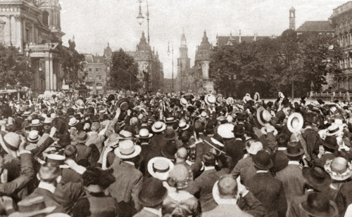 World War I: Berlin, 1914. /Ncrowds In Berlin Cheering Kaiser Wilhelm Ii As He Left For The Front Lines During World War I, After Promising That He Would Return Victorious Within A Year. Photograph, 1914. Poster Print by Granger Collection - Item # V