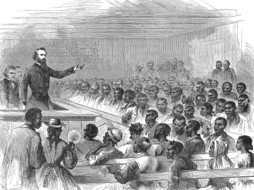 Freedmen'S Village, 1866./Ngenerals James B. Steedman And Joseph Scott Fullerton Conferring With Freedmen In Their Church At Trent River Settlement, North Carolina. Wood Engraviung, American, 1866. Poster Print by Granger Collection - Item # VARGRC00
