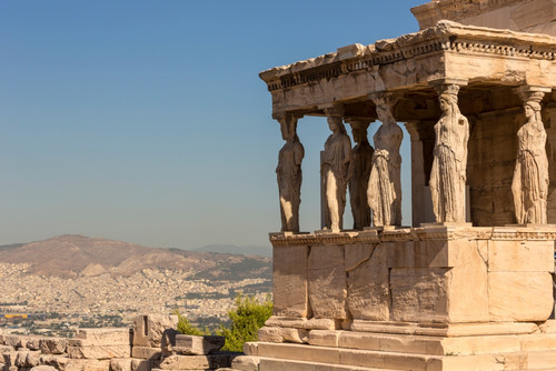 Athens, Attica, Greece. Porch of the Caryatids on the south end of the Erechtheion on the Acropolis. These are copies. The originals are in the Acropolis Museum. The Acropolis of Athens is a UNESCO World Heritage Site. Poster Print by Panoramic Image