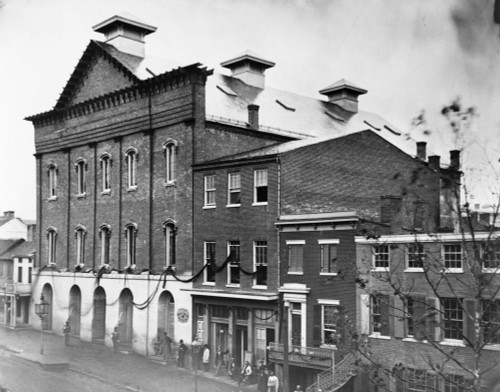 D.C.: Ford'S Theater, 1865. /Nexterior Of Ford'S Theater In Washington, D.C., Draped With Crepe And With Armed Guards Outside, Shortly Following The Assassination Of President Abraham Lincoln. Photograph, April 1865. Poster Print by Granger Collectio