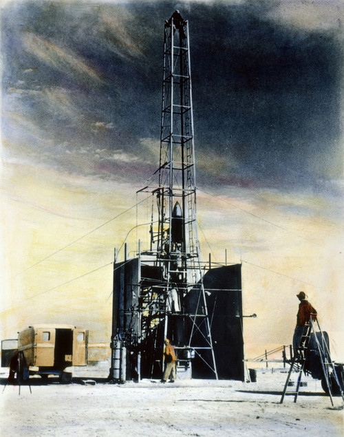 Robert Goddard & Rocket. /Nrobert Hutchings Goddard (1882-1945) On Stepladder, Directing Adjustmensts On One Of His Rockets At His Research Center Near Roswell, New Mexico: Oil Over A Photograph, 1940. Poster Print by Granger Collection - Item # VARG