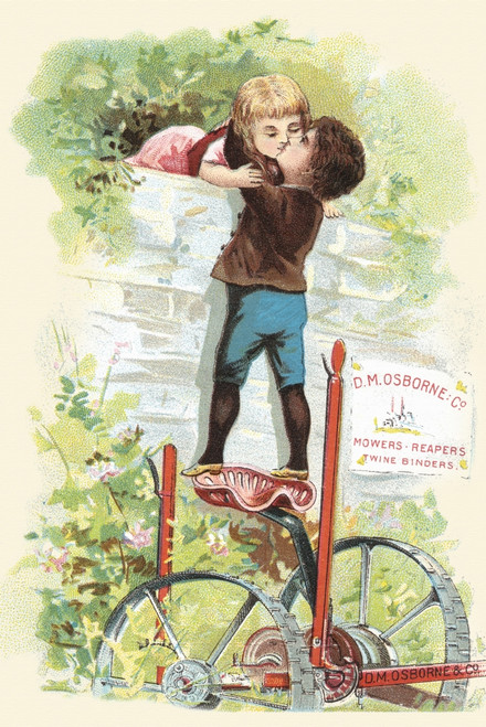 Victorian trade card for D. M. Osborne Co.  They manufactured mowers, reapers, and twine binders.  A boy and girl steal a kiss on top of a high wall.  The boy stands upon one of the Osborne farming machines. Poster Print by unknown - Item # VARBLL058