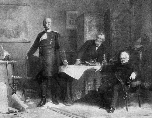 Prince Otto Von Bismarck /N(1815-1898). Prince Otto Von Bismarck-Schonhausen. Prussian Statesman. Bismarck With Jules Favre And Adolphe Thiers (Seated), Signing The Treaty Of Versailles, 1871. Contemporary Painting By Karl Wagner. Poster Print by Gra