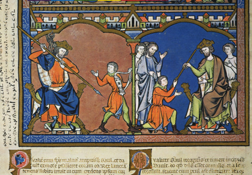 Saul Threatens David. /N(Left) Saul, Madly Jealous Of David, Tries To Slay Him With His Spear; (Right) Saul Makes David A Captain Over A Thousand Men (I Samuel Xviii: 10-14). French Manuscript Illumination, C1250. Poster Print by Granger Collection -