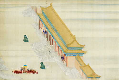 China: Forbidden City. /Nscene In The Outer Courtyard Of The Forbidden City, Peking, China, On The Return Of Emperor K'Ang Hsi From His Inspection Tour In The Lower Yangtze River Basin In 1689. Detail From A Contemporary Painted Silk Scroll. Poster P