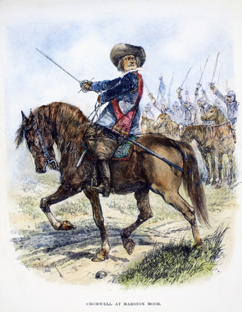 Oliver Cromwell (1599-1658). /Nenglish Soldier And Statesman. Cromwell Leading Parliamentary Forces Into Battle At Marston Moor During The English Civil War, 2 July 1644. Wood Engraving, Late 19Th Century, After Richard Caton Woodville. Poster Print