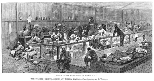 Kansas: Black Exodus, 1879. /Nblack Migrants From The American South In One Of The Buildings At Topeka, Kansas, Used As A Terminus Of The Exodus To The North And West Following The End Of Reconstruction. Wood Engraving, American, 1879. Poster Print b