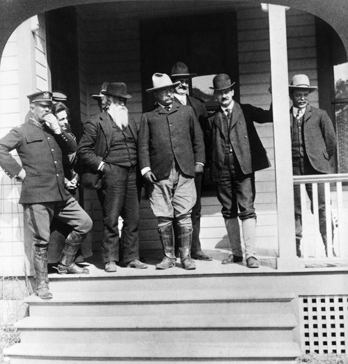 Roosevelt & Burroughs, C1903. /Nu.S. President Theodore Roosevelt (Center) With Naturalist John Burroughs (Center, Left) At Fort Yellowstone In Yellowstone National Park, California. Stereograph, C1903. Poster Print by Granger Collection - Item # VAR