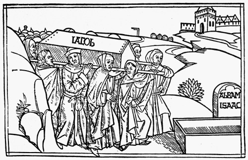 Burial Of Jacob. /Nthe Sons Of Jacob Burying Their Father In The Cave Of Machpelah In The Land Of Canaan, Next To The Graves Of Abraham, Sarah, Isaac, Rebekah, And Leah (Genesis 50: 1-13). Woodcut From The Cologne Bible, 1478-80. Poster Print by Gran