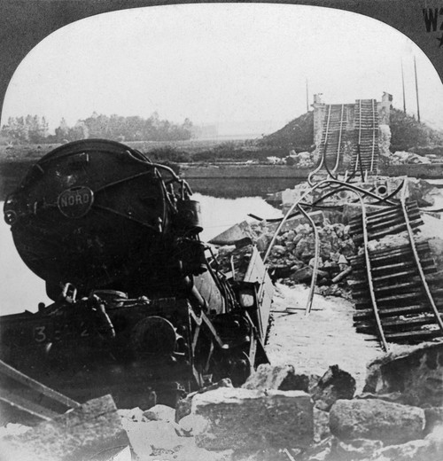 World War I: Marne Bridge. /Nthe Tangled Wreckage Of A Red Cross Train And A Railroad Bridge Over The Marne River, Destroyed By Retreating German Troops During World War I. Stereograph, 1914-1918. Poster Print by Granger Collection - Item # VARGRC032