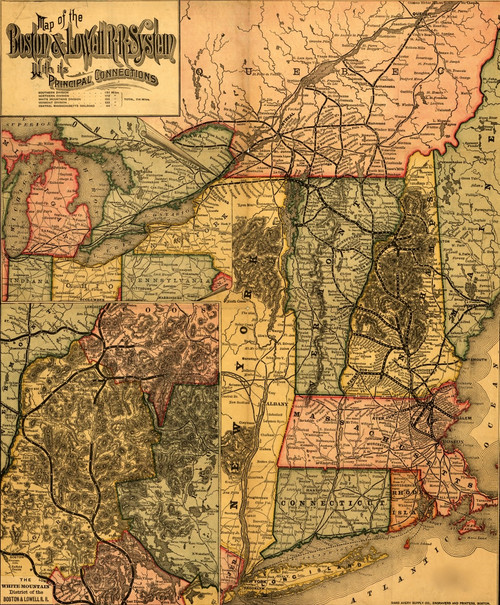 Boston & Lowell R.R. system - 1890 - northern United States showing cities and towns and the railroad network with emphasis on the main line. This line was chartered in 1830 and opened in 1835. In 1841 a second track was laid. Poster Print - Item # V