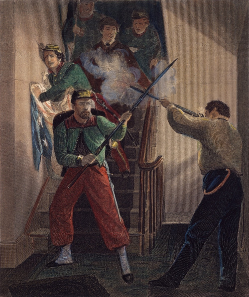 Zouave Fatality, 1861. /Nthe Fatal Shooting Of Elmer Ephraim Ellsworth, Colonel Of The New York Fire Zouaves And The First Notable Northern Fatality Of The Civil War, In Alexandria, Virginia On 24 May 1861: Steel Engraving, 19Th Century. Poster Print