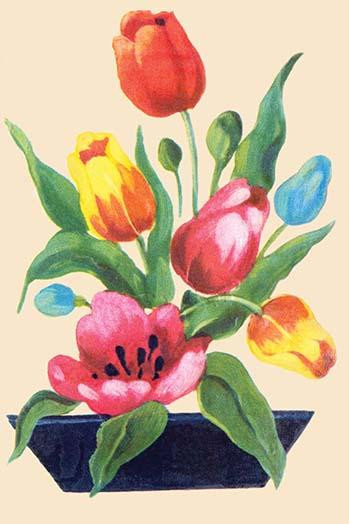 A floral arrangement centered around tulips.  In the 1930's the classic homemaker could purchase decals, applied by water, to decorate the kitchen, furniture, or anything else they desired.  These are samples directly from the salesman's sample book.