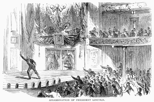 Abraham Lincoln /N(1809-1865). 16Th President Of The United States. John Wilkes Booth On The Stage At Ford'S Theater After He Had Fatally Shot President Lincoln, 14 April 1865. Wood Engraving, 19Th Century. Poster Print by Granger Collection - Item #