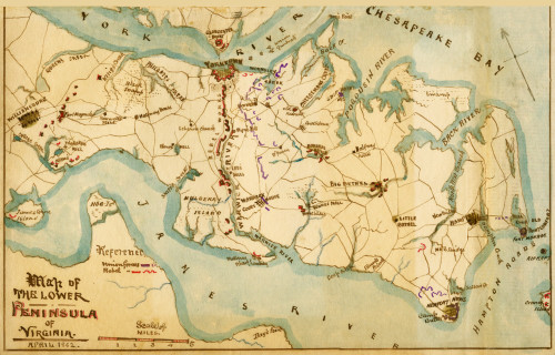 Fortifications in the Peninsular Campaign around Yorktown.   Confederate and Union fortifications located between the York River to the north and the James River to the south during the Peninsular campaign of 1862. Poster Print by Robert Knox Sneden