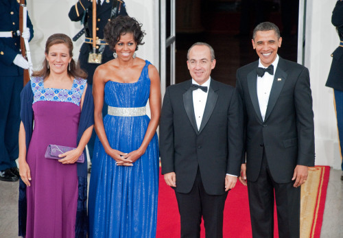 First Lady Of Mexico Margarita Zavala, First Lady Michelle Obama, Mexican President Felipe Calderon Hinojosa, Us President Barack Obama At Arrivals For Obamas Greet Mexican Counterparts As They Arrive - Item # VAREVC1019MYFBN017