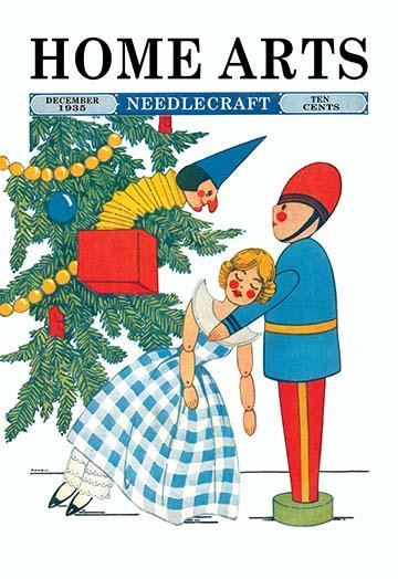 Christmas magazine Illustration from December 1935 for the Home Arts magazine.  A nutcracker holds a doll that has fainted because of the Jack in the box on the Christmas tree.  Art by Marjorie P. Rowell. Poster Print by Marjorie P. Rowell - Item # V