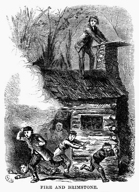 Indiana: Schoolhouse Fire. /N'Hellfire And Brimstone.' A Schoolmaster In Indiana Smokes His Students Out Of A One-Room Schoolhouse After They Had Locked Him Out. Wood Engraving, American, 1873. Poster Print by Granger Collection - Item # VARGRC009322