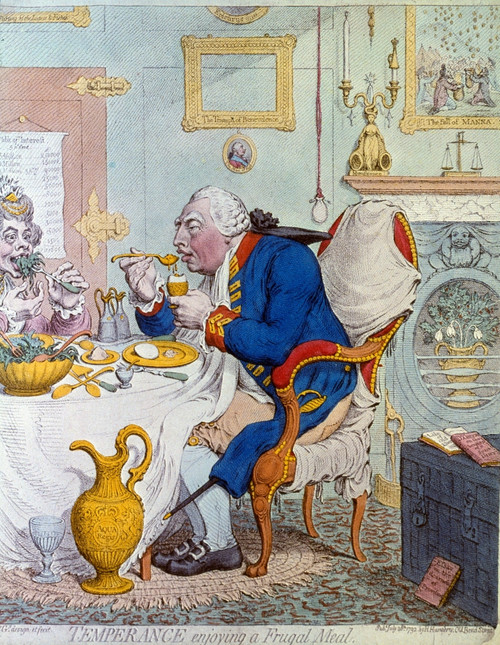 King George Iii Of England. /N'Temperance Enjoying A Frugal Meal.' George Iii (1738-1820), King Of Great Britain And Ireland (1760-1820), Dining With His Consort, Queen Charlotte. Caricature Etching By James Gillray, 1792. Poster Print by Granger Col