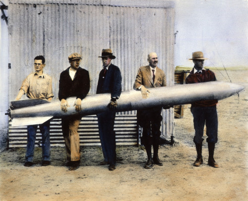 Robert Hutchings Goddard. /N(1882-1945) Fourth From Left, And Assistants L. Mansur, A.Kisk, C. Mansur, And N.L. Jungquist Holding The Rocket Used In The Flight Of 19 April 1932. Oil Over A Photograph Of That Year. Poster Print by Granger Collection -
