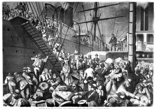 Immigrants: German, 1874. /Ngerman Immigrants To The United States On A Riverboat At The Port Of Cuxhaven, From Which They Board A Steamship Out Of Hamburg Bound For New York, 1874. Contemporary American Wood Engraving. Poster Print by Granger Collec