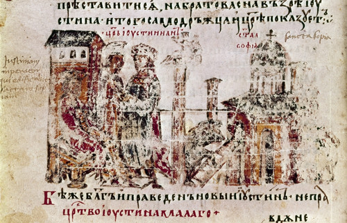Hagia Sophia: Construction. /Nbyzantine Emperor Justinian (483-565) Supervising The Construction Of Hagia Sophia, Which Only Took Five Years. Manuscript Illumination From A Slavonic Copy, 1345, Of The Chronicle Of Manasses. Poster Print by Granger Co