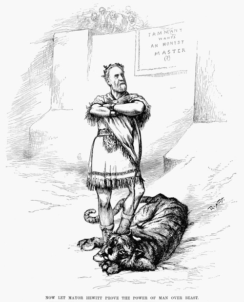 Nast: Hewitt Cartoon, 1886. /N'Now Let Mayor Hewitt Prove The Power Of Man Over Beast.' American Cartoon, 1886, By Thomas Nast, Questioning Whether The Newly Elected Mayor Of New York Could Control The Rapacious Tammany Hall. Poster Print by Granger