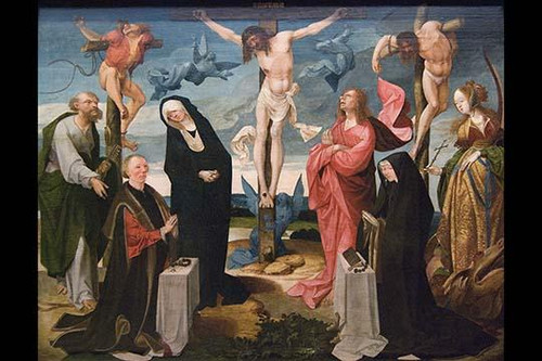 The Crucifixion with Donors and Saints Peter and Margaret,.  High quality vintage art reproduction by Buyenlarge.  One of many rare and wonderful images brought forward in time.  I hope they bring you pleasure each and every time you look at them. Po