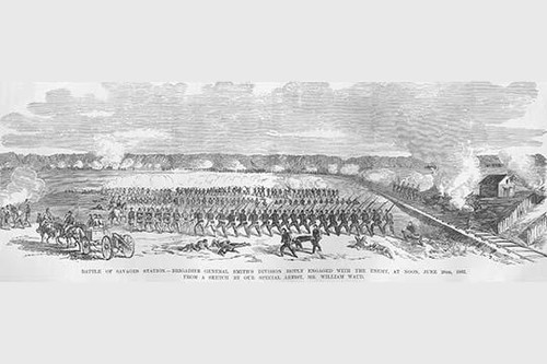 Battle of Savage Station.  High quality vintage art reproduction by Buyenlarge.  One of many rare and wonderful images brought forward in time.  I hope they bring you pleasure each and every time you look at them. Poster Print by Frank  Leslie - Item