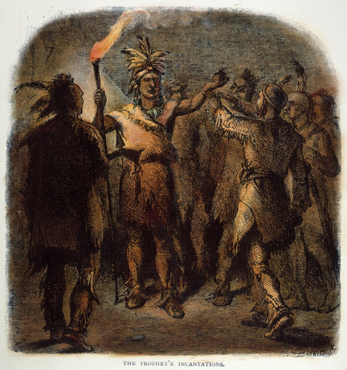 Tenskwatawa (C1768-1834). /Nnative American Prophet And Leader. Tenskwatawa, Known As 'The Prophet' Arousing His Followers Before The Battle Of Tippecanoe On 7 November 1811. Wood Engraving, 19Th Century. Poster Print by Granger Collection - Item # V