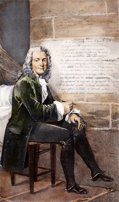 Voltaire (1694-1778). /Nassumed Name Of Fran�Ois Marie Arouet, French Man Of Letters. Voltaire Writing His Epic Poem 'La Henriade' While Imprisoned In The Bastille, 1717-18. French Engraving, C1830, After Fran�Ois Bouchot. Poster Print by Granger Col