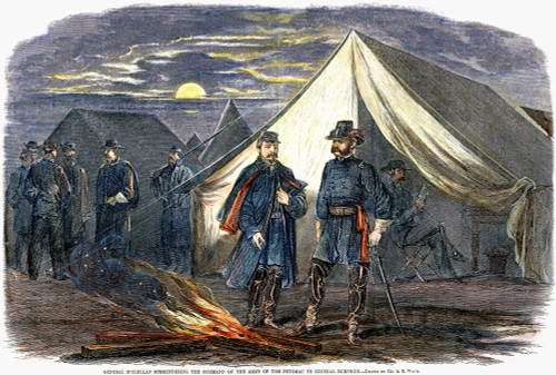 Mcclellan & Burnside, 1862. /Ngeneral George Mcclellan Surrendering The Command Of The Army Of The Potomac To General Ambrose Burnside, 7 November 1862. Contemporary American Wood Engraving After A Drawing By Alfred R. Waud. Poster Print by Granger C