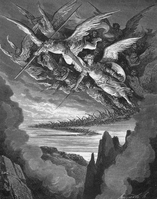 Milton: Paradise Lost. /Nsatan Bids The Rebellious Angels Who Had Fallen With Him Into The Fiery Abyss To Take Courage And Rise Again Together (Book 1, Lines 344-5). Wood Engraving After Gustave Dore For John Milton'S 'Paradise Lost.' Poster Print by