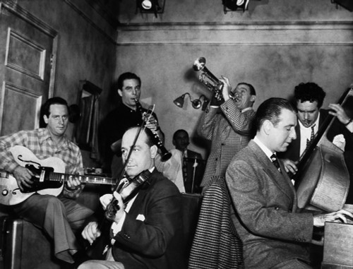 Jam Session, 1947. /Njam Session At A Hollywood Studio: Les Paul, Guitar; Joe Venuti, Violin, Wingy Manone, Trumpet; Candy Candido, Bass; Jess Stacy, Piano; Jerry Wald, Clarinet; Abe Lyman, Drums. Photographed In March 1947. Poster Print by Granger C
