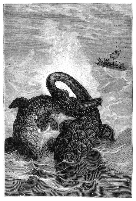 Verne: Center Of The Earth, 1864. 'These Animals Fought With Fury.' An Ichthyosaurus And Plesiosaurus In Mortal Combat. Engraving After A Drawing By Edouard Riou From A 19Th Century Edition Of Jules Verne'S 'Journey To The Center Of The Earth.' Poste