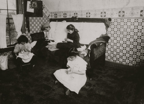 Home of Peter Mazkerthlain, 7 Elizabeth St., Worcester, Mass. Children: 6 yrs., 9 yrs., 11 yrs., 12 yrs. old, working on garter buttons. Mother works too. Make $1.50 to $2.00 a week. Neighbors say she keeps them at work late at night. Poster Print - Home of Peter Mazkerthlain, 7 Elizabeth St., Worcester, Mass. Children: 6 yrs., 9 yrs., 11 yrs., 12 yrs. old, working on garter buttons. Mother works too. Make $1.50 to $2.00 a week. Neighbors say she keeps them at work late at night. Poster Print -