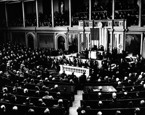 Franklin Delano Roosevelt/N(1882-1945). 32Nd President Of The United States. Roosevelt Addressing The Joint Session Of Congress, December 8, 1941, Asking For A Declaration Of War Against Japan. Poster Print by Granger Collection - Item # VARGRC010843