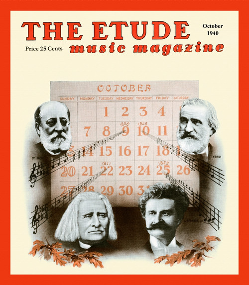 Cover art from the October 1940 edition of Etude magazine with a front cover that features four composer and their birthdays;  Franz Liszt, Charles-Camille Saint-Sa?ns, Giuseppe Verdi, and Johann Strauss Jr. Poster Print by unknown - Item # VARBLL058
