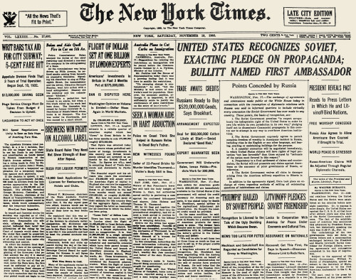 Soviet Relations, 1933. /Nfront Page Of The New York Times, 18 November 1933, Announcing The Establishment Two Days Earlier Of Official Relations Between The United States And The Soviet Union. Poster Print by Granger Collection - Item # VARGRC008675