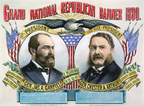 Presidential Campaign, 1880. /N'Grand National Republican Banner 1880.' James A. Garfield And Chester A. Arthur As The Republican Party Candidates For President And Vice President On A Lithograph Campaign Poster By Currier & Ives, 1880. Poster Print