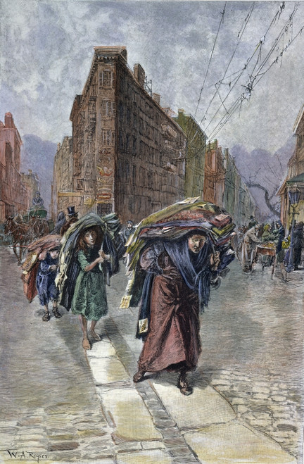 Nyc: Home Industry, 1890. /Nan Immigrant Family Carrying Piecework Along Hester Street To Their Tenement Home On New York City'S Lower East Side. Wood Engraving, American, 1890, After W.A. Rogers. Poster Print by Granger Collection - Item # VARGRC001