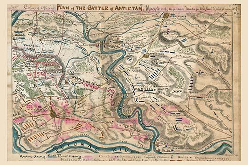 Plan of the Battle of Antietam, Maryland. Sept 1862 / Made for Genl. Heitzelman; Shows the area between Keedysville, Md., to the north and the Potomac River to the south. The locations of Sharpsburg, Md., and Antietam Creek are also indicated. Poster