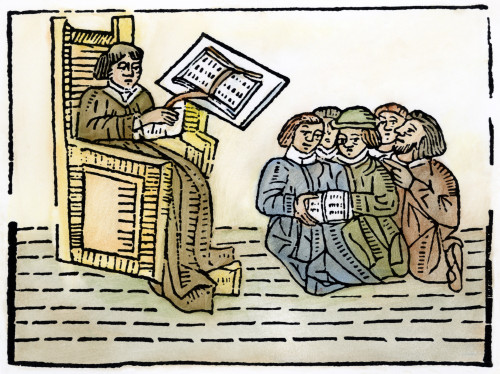 Master And Pupils, C1481. /Nwoodcut From The Earliest Illustrated Book Printed In England, The 'Mirrour Of The World,' William Caxton'S Version Of The Famous 'Speculum Historiale' Of Vincent De Beauvais, Issued About 1481. Poster Print by Granger Col