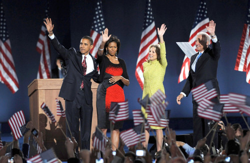 U.S. President Elect Senator Barack Obama, Wife Michelle Obama, Jill Biden, Joe Biden At A Public Appearance For Barack Obama U.S. Presidential Election Victory Speech And Celebration, Grant Park, Chicago, Il, November 04, 2008. Photo - Item # VAREVC