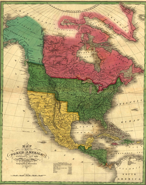North American Political Boundaries In 1826. Image Shows The Louisiana Purchase And Oregon Territory. Alaska Is Labeled As A Russian Possession. Canada Does Not Yet Reach The Pacific Ocean. Mexico Will Be Reduced After The Mexican War - Item # VAREVC